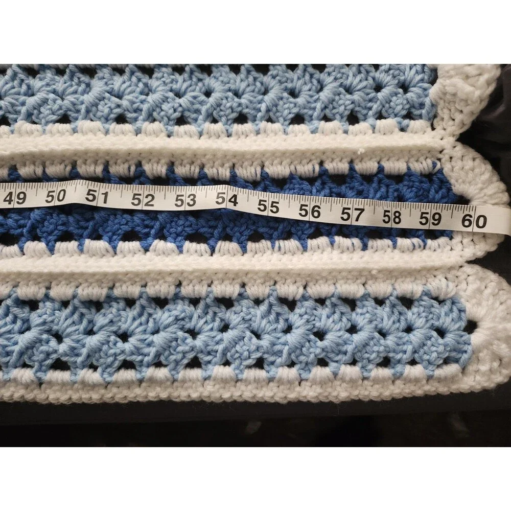 Vintage Handmade Crochet Afghan In Shades of Blue with White Edging 36x60